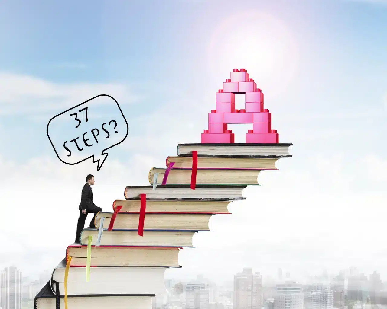 Man climbing up 37 steps on a pile of books about to tip over to get an "A."