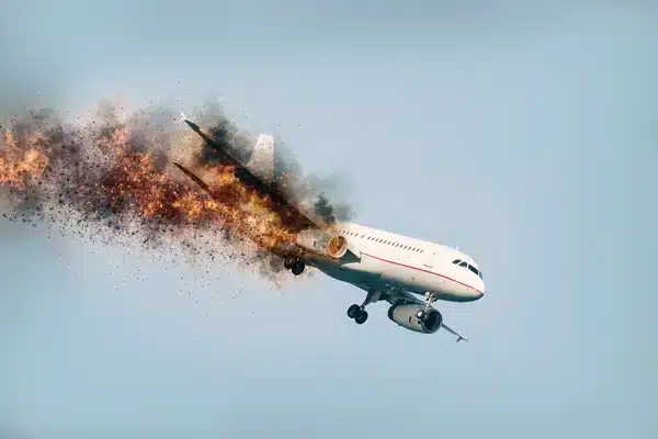 Airplane in fire crashing to the ground.