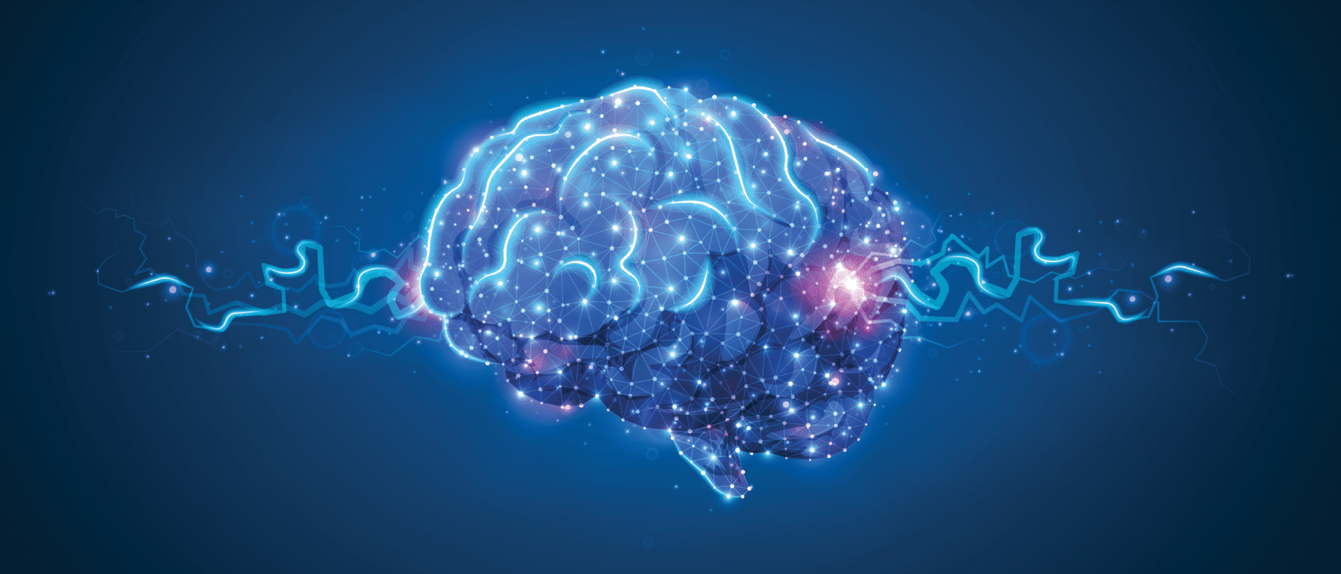 View of the brain with parts lit up to show signals being processed.