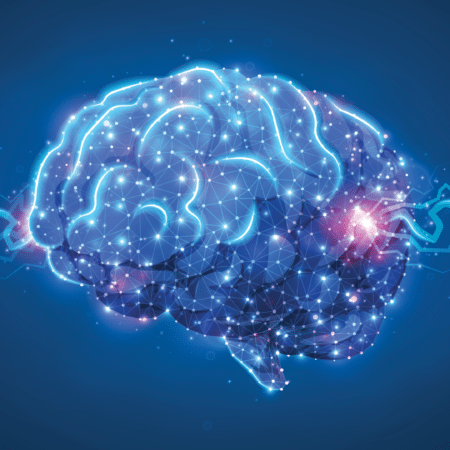 View of the brain with parts lit up to show signals being processed.